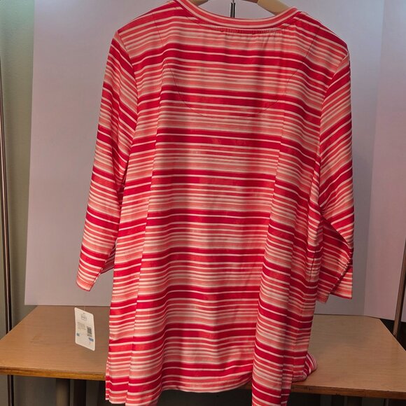 NWT Emily Daniels 3/4 Sleeve Lace-Up Neck Top, 2XL, Peach/Red/Pink/White Stripes - Picture 2 of 11